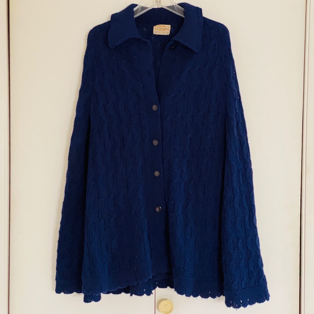 VTG I 70s I Sturbridge Navy Blue Acrilan Cable Knit Poncho I Cable Cape